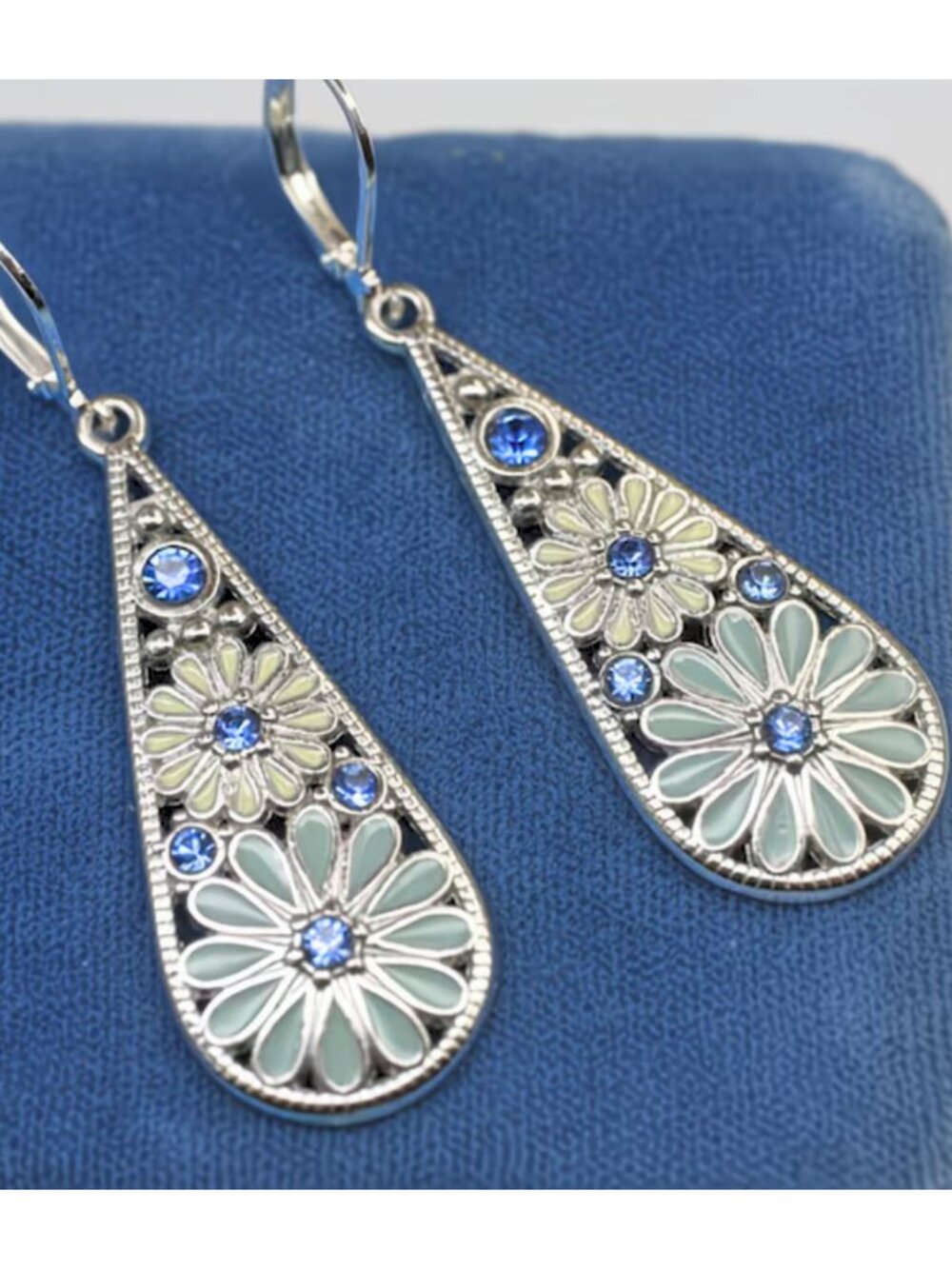 Boho Chic Blue Daisy Teardrop Dangle Earrings Oil Drop Petal Inlaid Zirconia